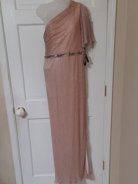 Adrianna Papell One-Shoulder Blush Evening Gown with Beaded Waist